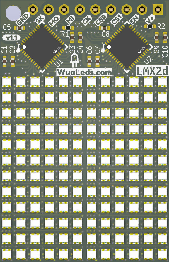 Cara frontal del módulo LMX2d con sus 144 LEDs y sus dos drivers AW20216S