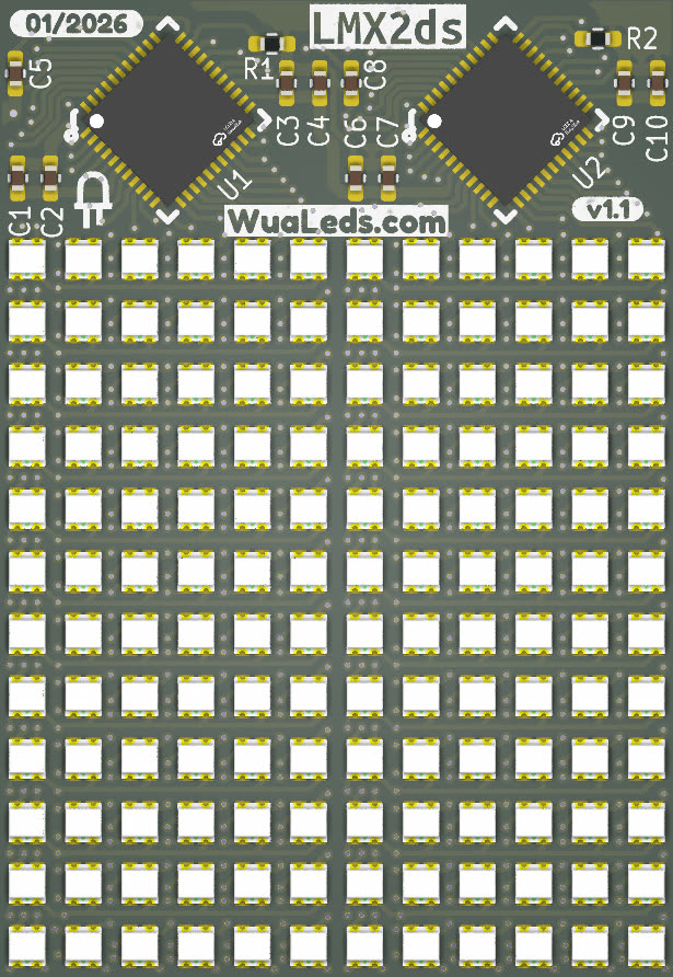 Cara frontal del módulo LMX2ds con sus 144 LEDs y sus dos drivers AW20216S