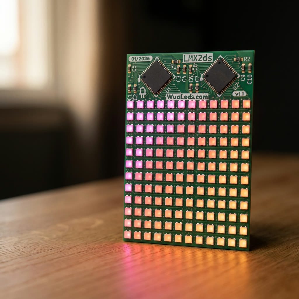 Módulo LMX2ds encendido mostrando un degradado de magenta a naranja